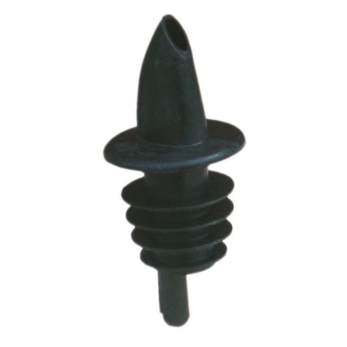 Spill-Stop 350-08 black plastic liquor pourer showing ribbed stem and tapered spout