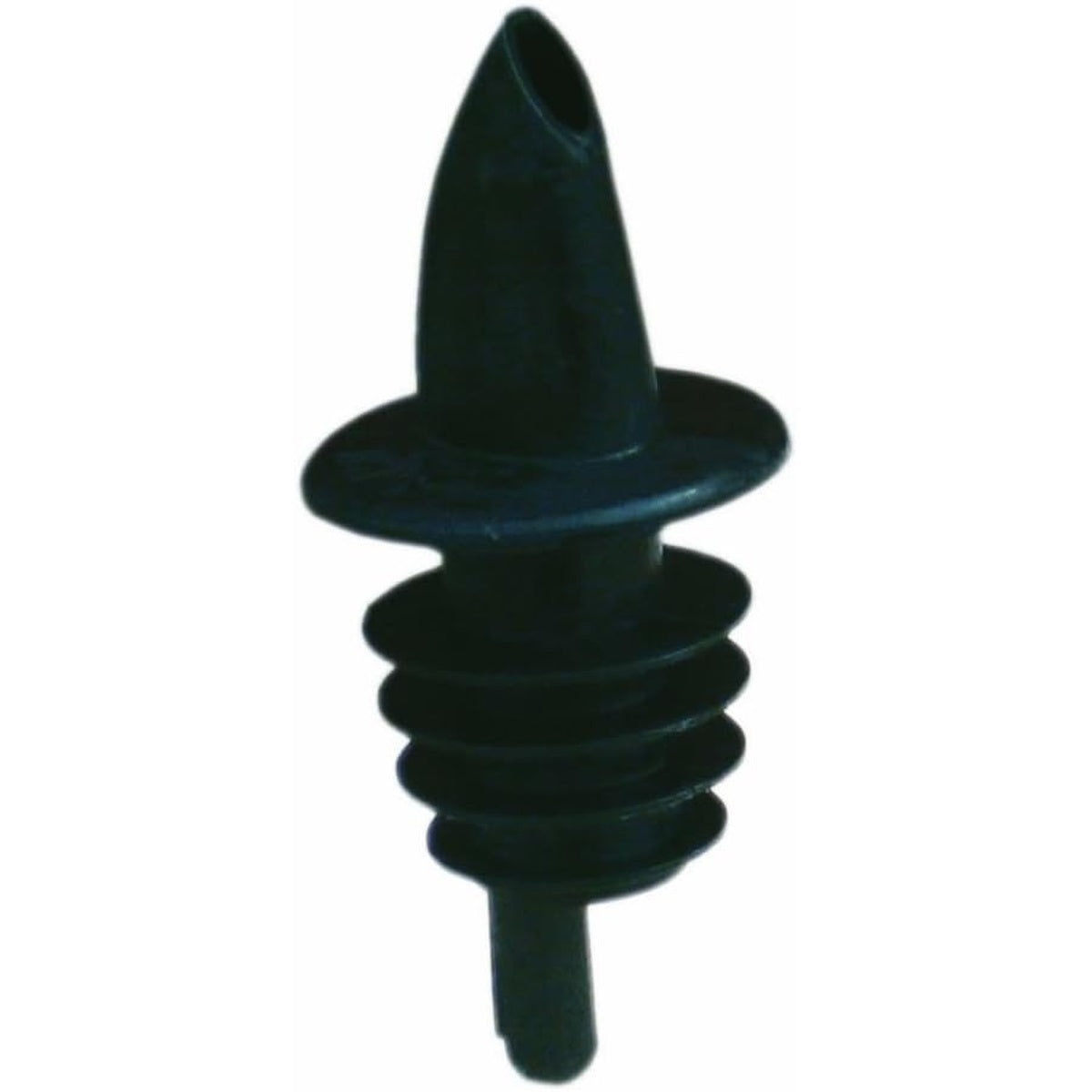 Spill-Stop 350-08 black liquor pourer side profile highlighting multi-ring ribbed stem