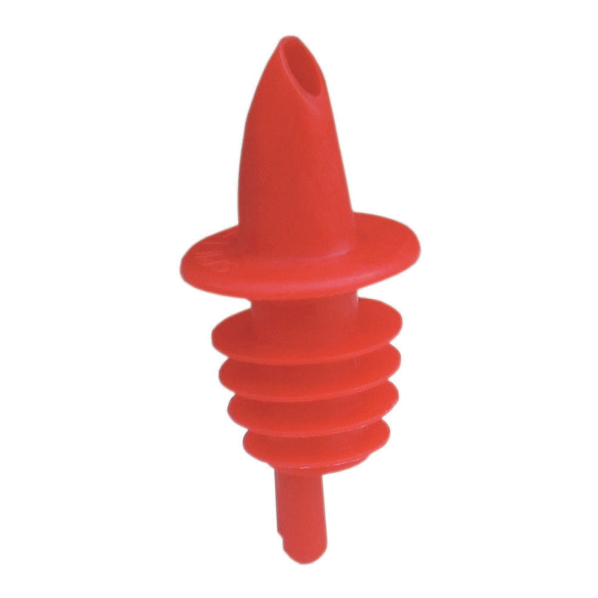 Spill-Stop 350-09 scarlet soft plastic liquor pourer with ribbed collar and pointed spout
