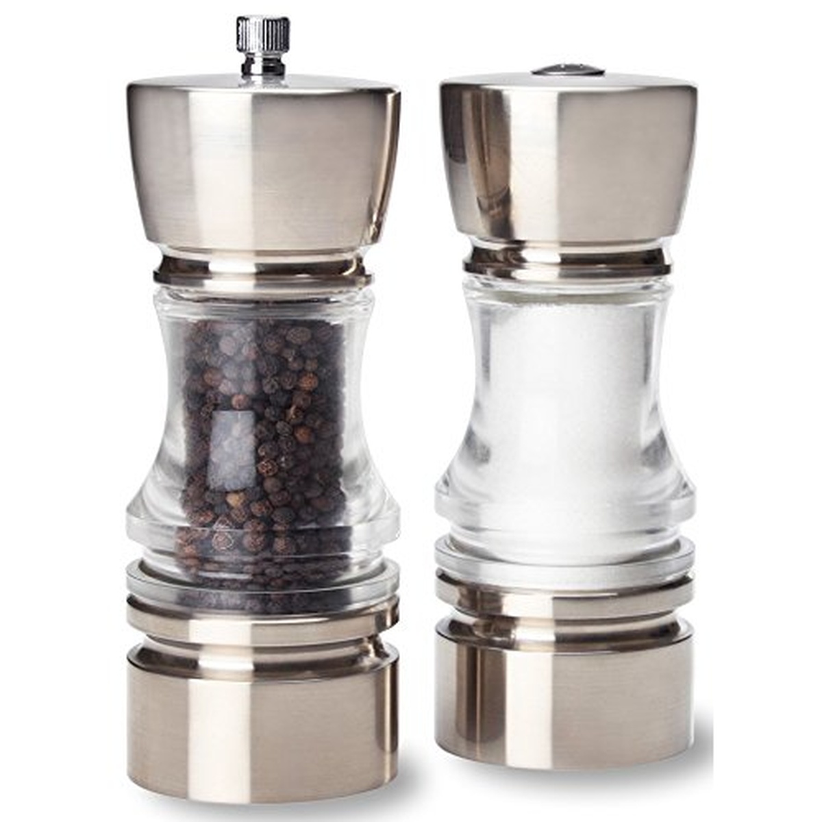 Olde Thompson Crown 6.5-inch acrylic pepper mill and salt shaker set with brushed stainless steel top and base, shown side by side