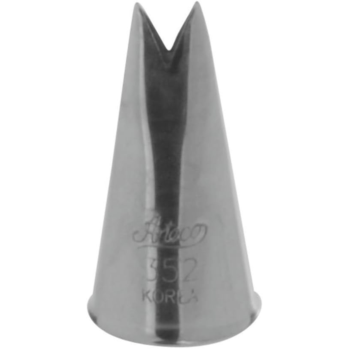 Ateco 352 V-cut leaf piping tip, stainless steel, side profile view showing V-shaped opening