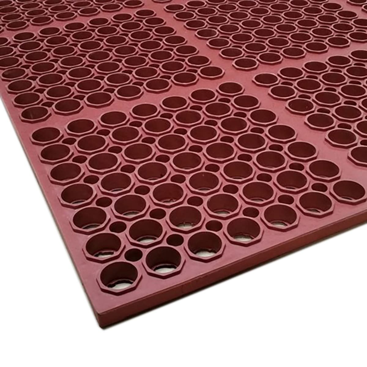 Cactus Mat 3520-R1 VIP Floormate red rubber anti-fatigue mat showing circular drain holes and thick profile