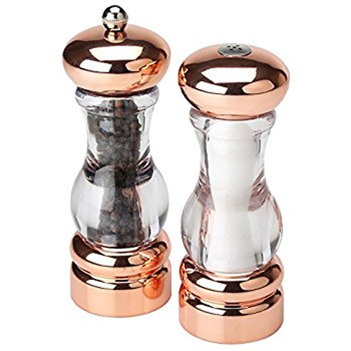 Olde Thompson Del Norte 7-inch acrylic pepper mill and salt shaker set with copper mirror-plated tops and bases, pre-filled with peppercorns and salt