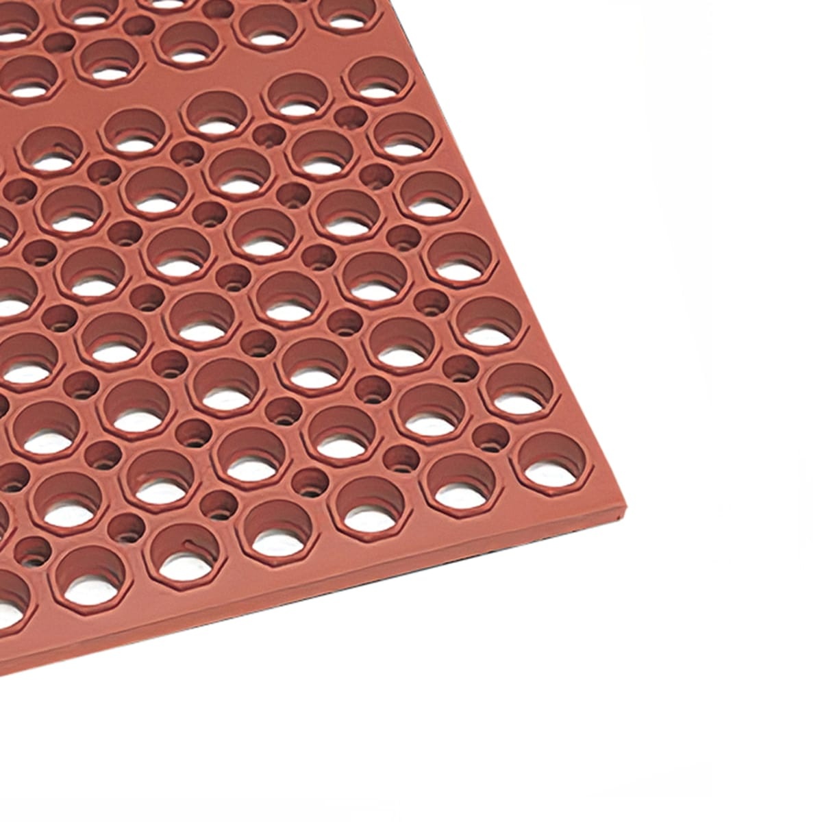 Cactus Mat 3525-R1 VIP Tuffdek red rubber anti-fatigue mat with circular drainage holes, angled corner view