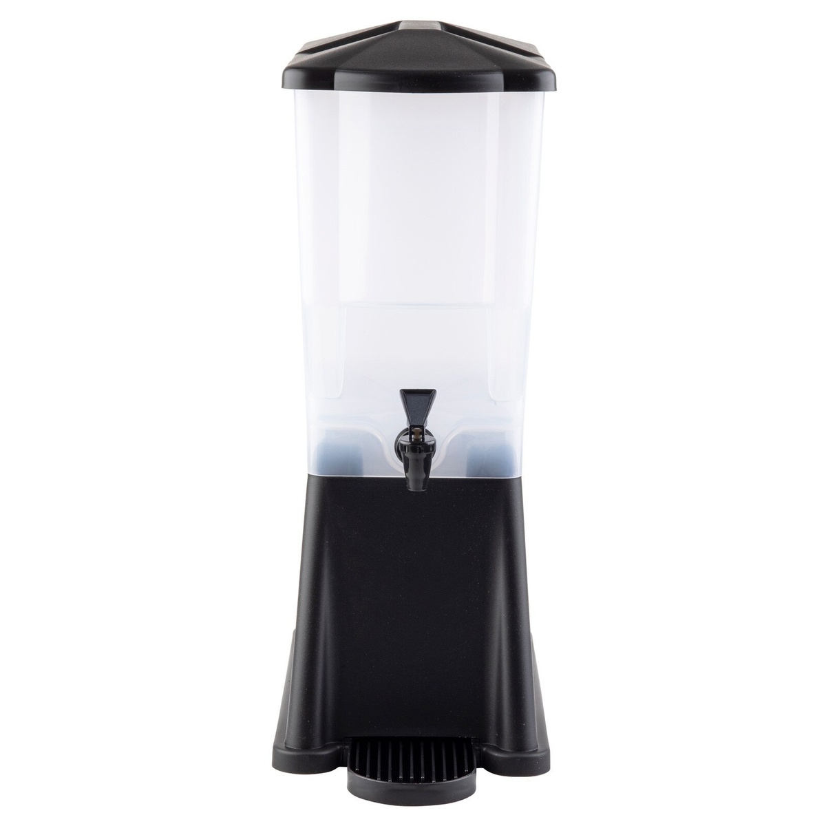 TableCraft 353DP Slimline 3-gallon black beverage dispenser with translucent reservoir and black base on white background