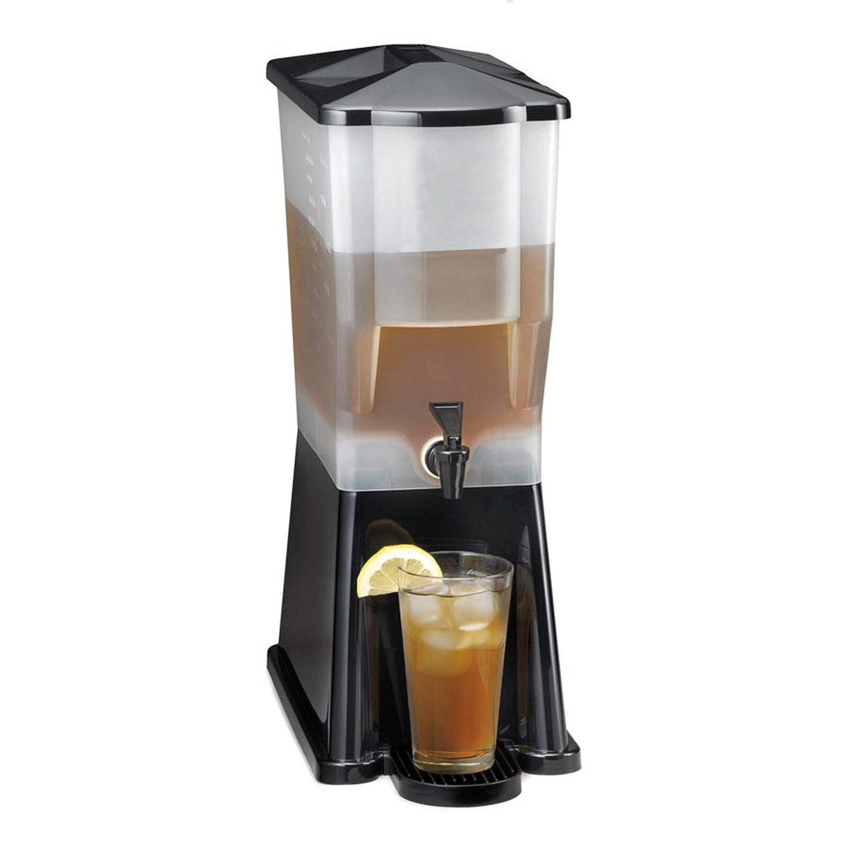 TableCraft 353DP beverage dispenser on white background with a glass of iced tea garnished with lemon in front of the drip tray