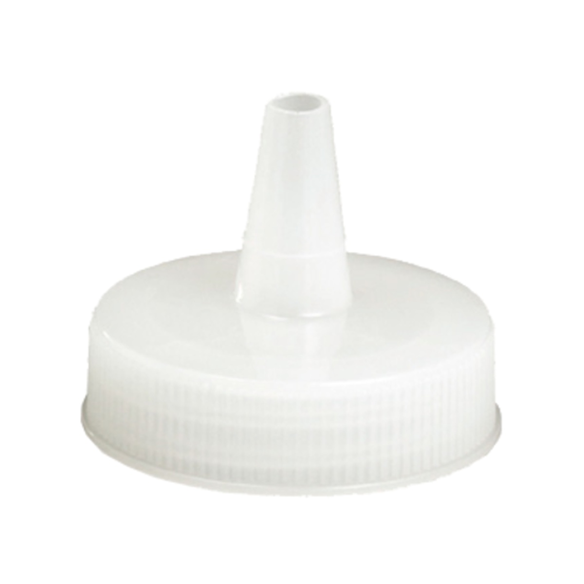 Tablecraft 353TC natural white polypropylene cone wide tip cap for 53mm squeeze bottles, angled side view