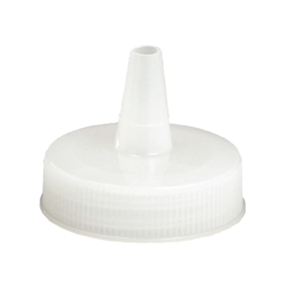 Tablecraft 353TC white cone wide tip squeeze bottle cap, full front view showing ribbed collar and tapered spout