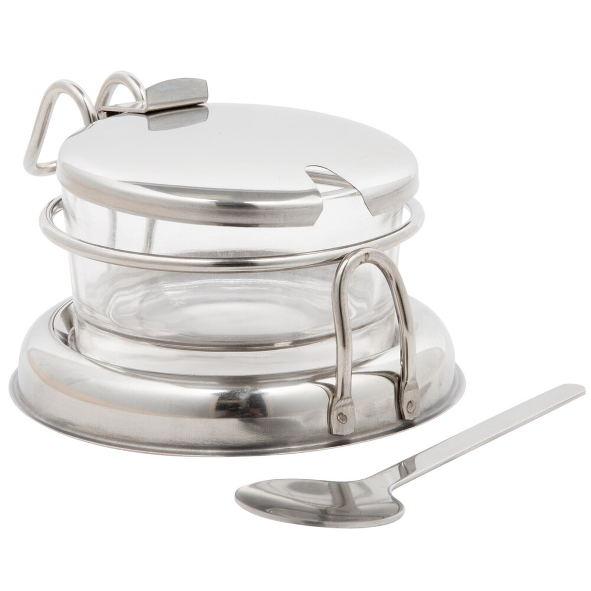 TableCraft 357 6 oz glass condiment jar with stainless steel holder, hinged lid, and serving spoon on white background