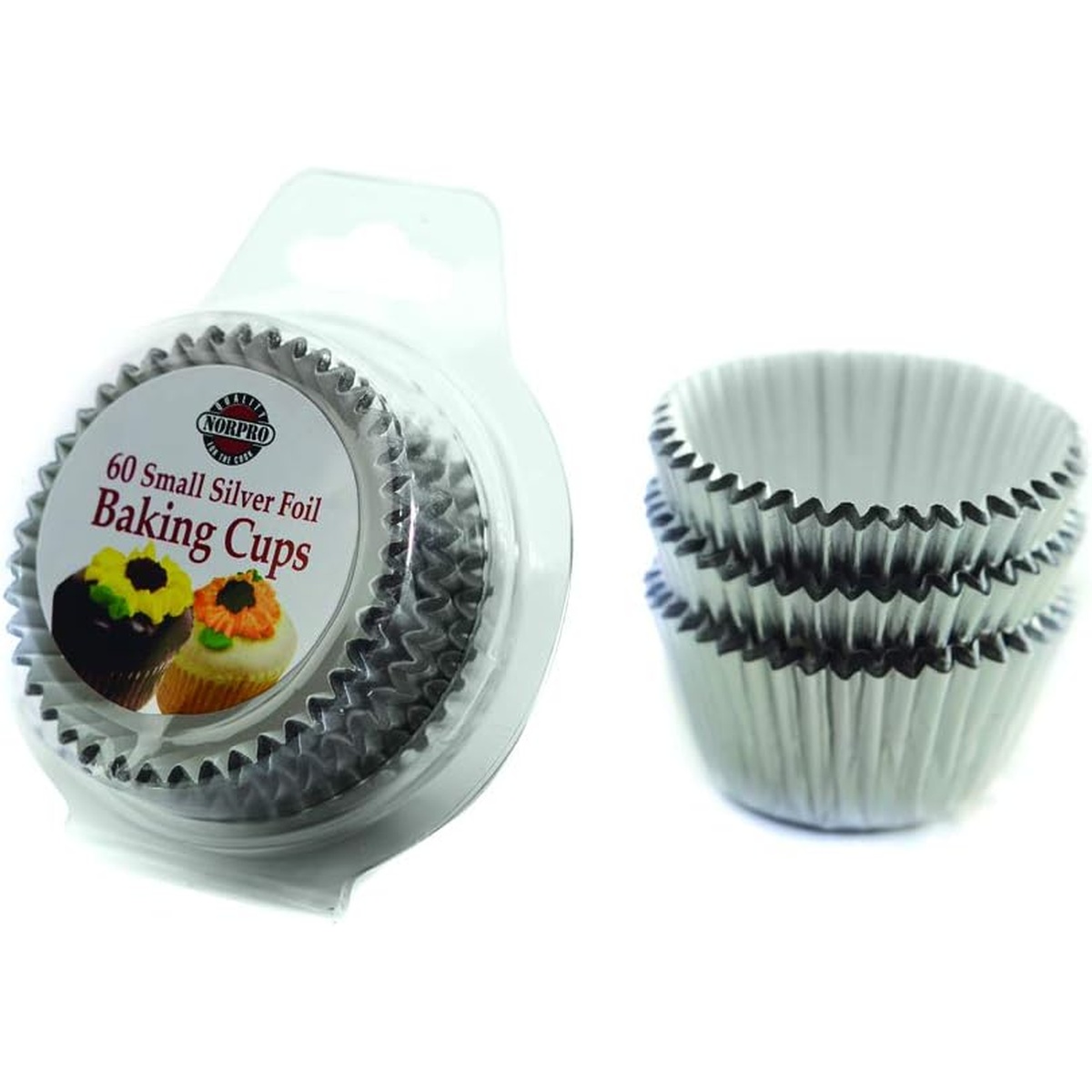 Norpro 60 Small Silver Foil Baking Cups packaging with stacked liners beside it