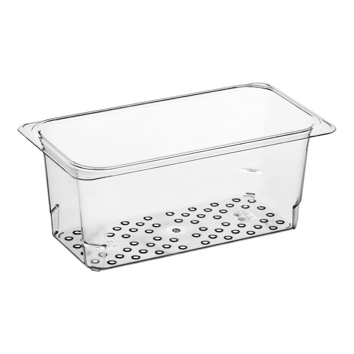 Cambro 35CLRCW135 clear polycarbonate 1/3 size colander pan showing perforated base