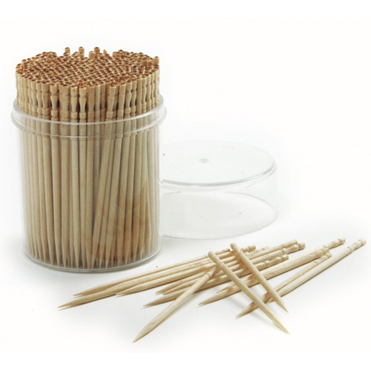Norpro 360 ornate wood toothpicks stored upright in a clear plastic canister with loose toothpicks displayed beside it on a white background