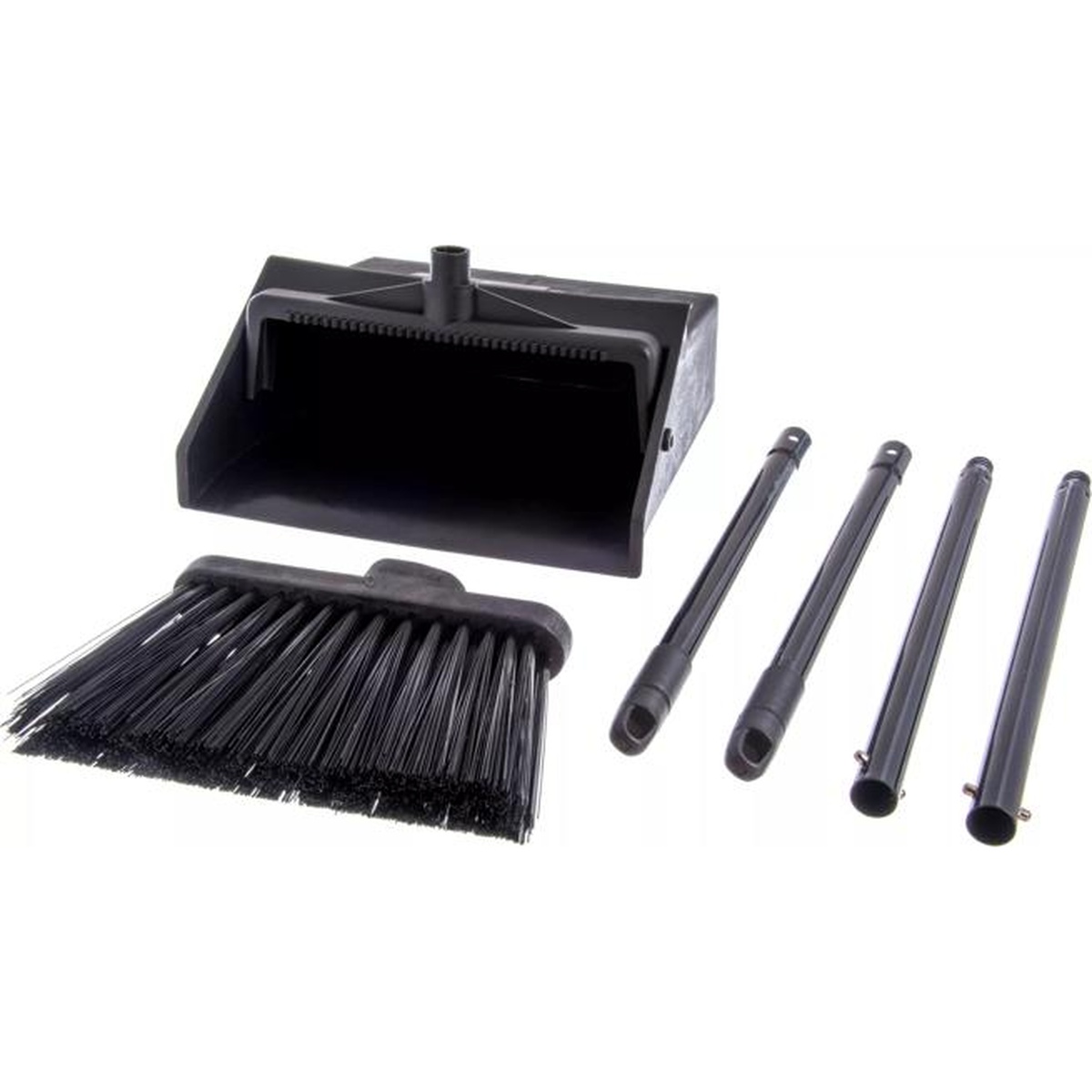 Sparta Duo-Pan dustpan and broom fully disassembled showing all individual handle sections and broom head components, black