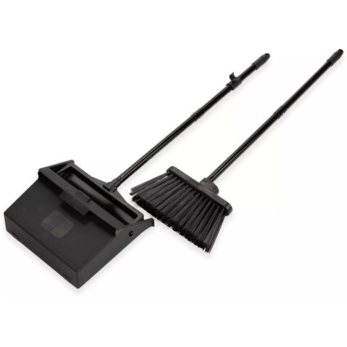 Sparta Duo-Pan dustpan tilted showing pivoting pan head and locking mechanism with broom alongside, black