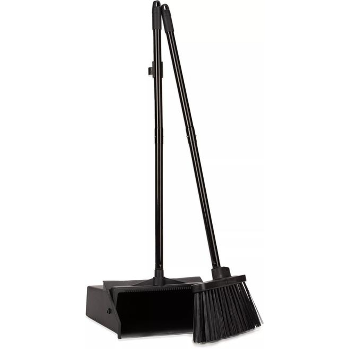 Sparta Duo-Pan upright dustpan and broom set assembled in standing position, black