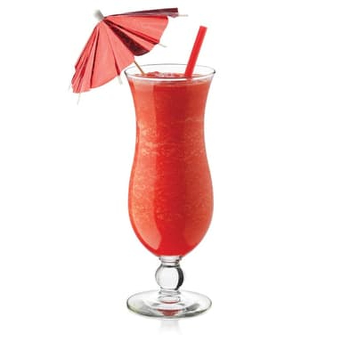 Libbey 3616 Squall Hurricane Glass filled with a frozen strawberry daiquiri, garnished with a drink umbrella and straw