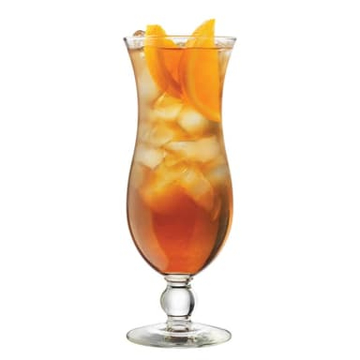 Libbey 3616 Squall Hurricane Glass filled with an orange iced cocktail garnished with citrus slices
