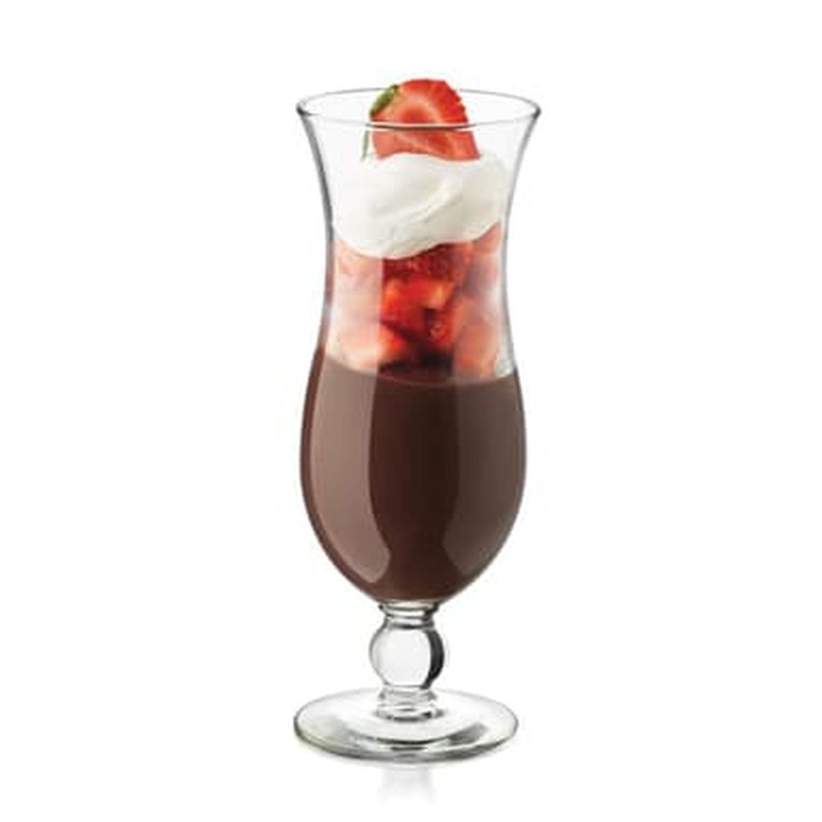 Libbey 3616 Squall Hurricane Glass holding a chocolate mousse dessert topped with strawberries and whipped cream