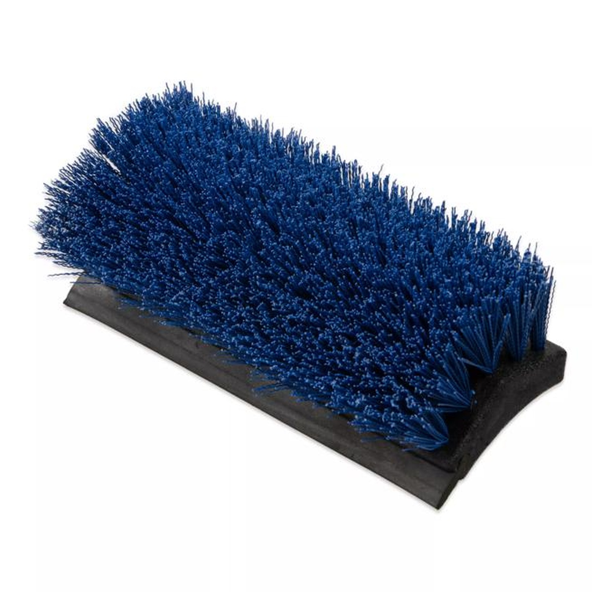 Side-angle view of Flo-Pac floor scrub brush showing the split bristle design and built-in rubber squeegee base