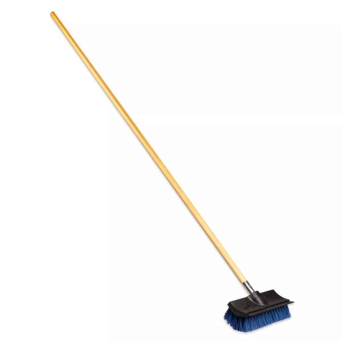 Flo-Pac floor scrub brush attached to a full-length wooden handle, shown at an angle on white background
