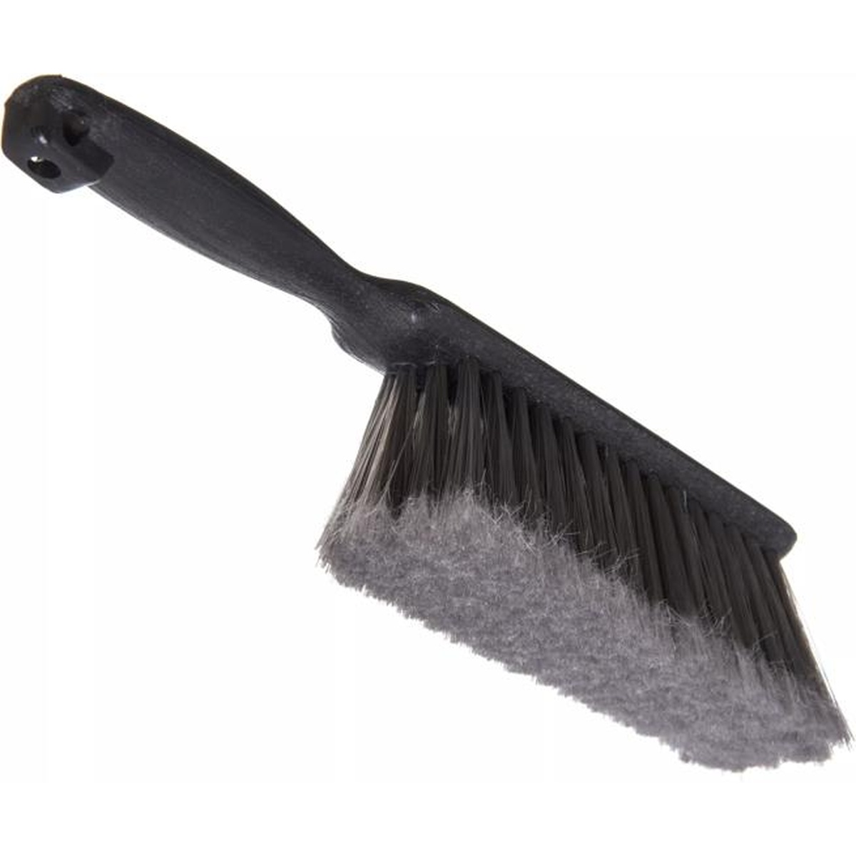 Flo-Pac gray counter bench brush angled close-up view highlighting bristle density and black plastic construction