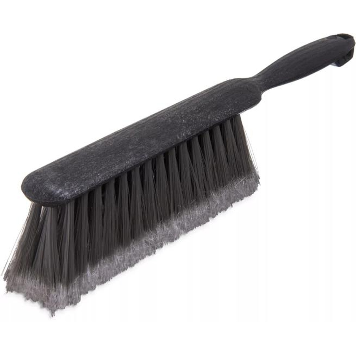 Flo-Pac gray counter bench brush side view showing flagged polypropylene bristles and black plastic handle