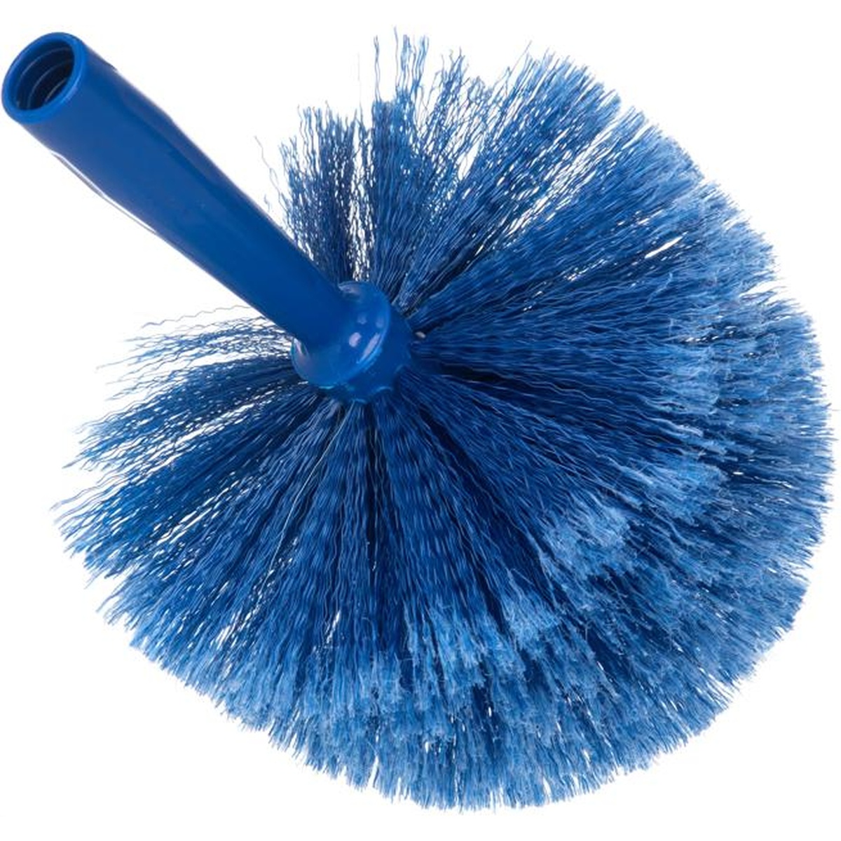 Flo-Pac blue round duster viewed from the handle socket end showing full bristle spread