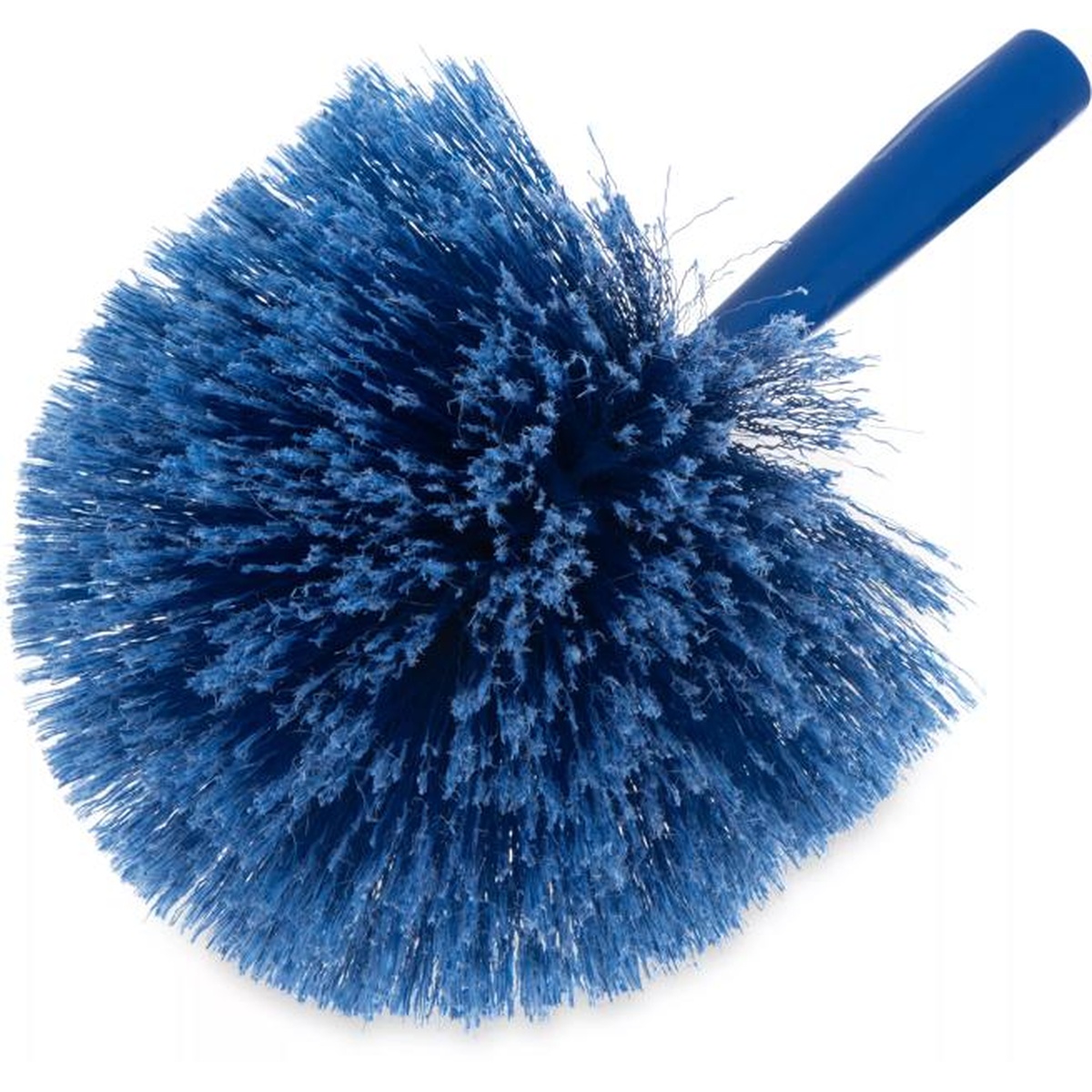 Flo-Pac blue round duster with soft flagged PVC bristles and short handle stub, full product view