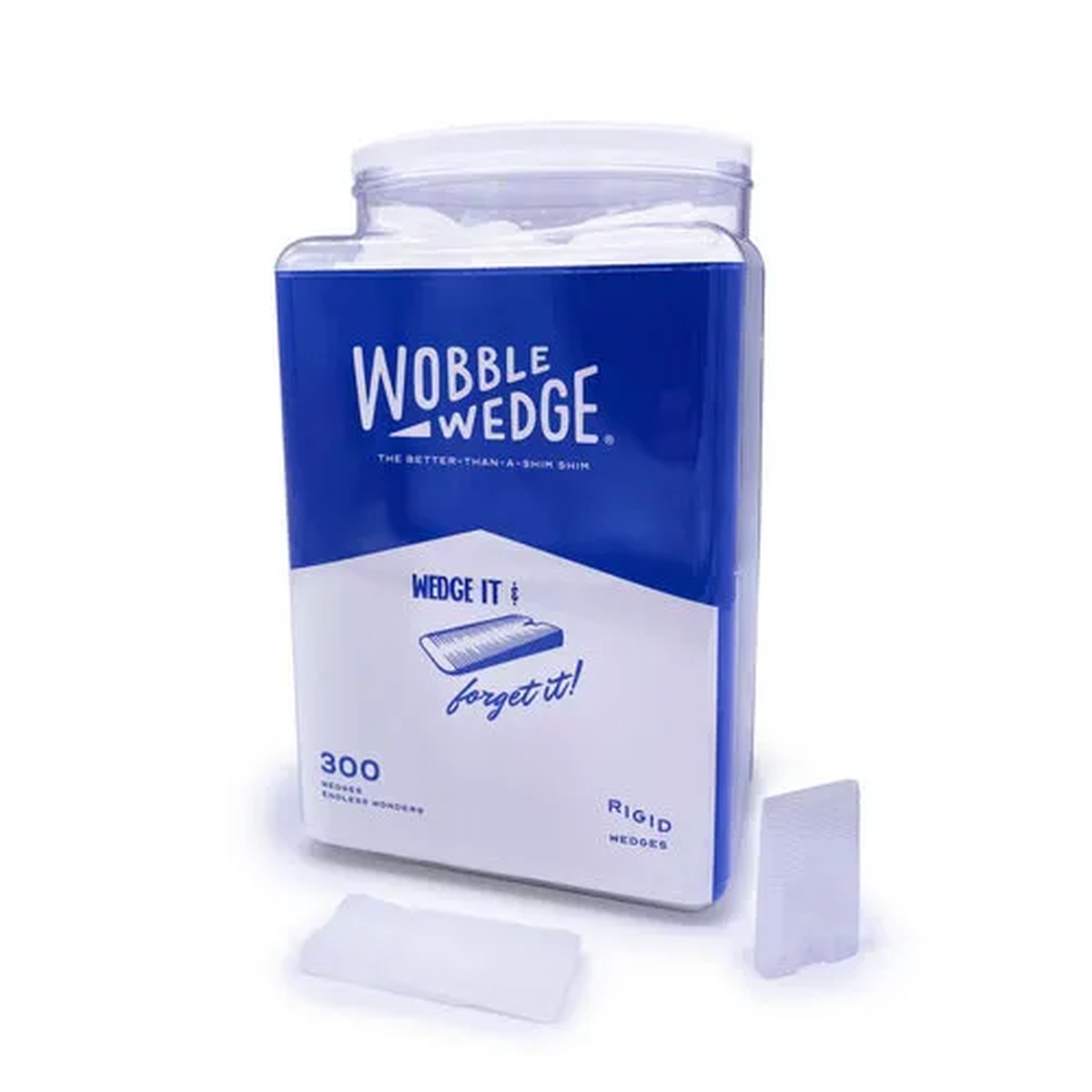 AllPoints 36357 Wobble Wedge jar of 300 translucent rigid hard nylon tapered shims with a single wedge displayed beside the container