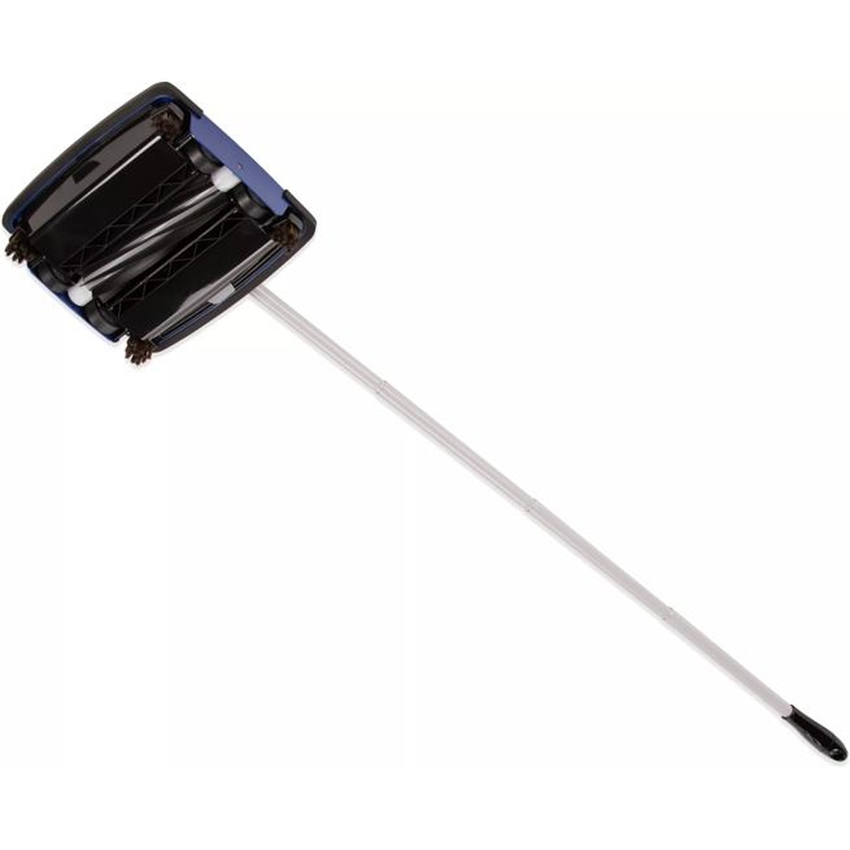 Duo-Sweeper underside and handle at an angle showing rubber blade row and long ergonomic steel handle
