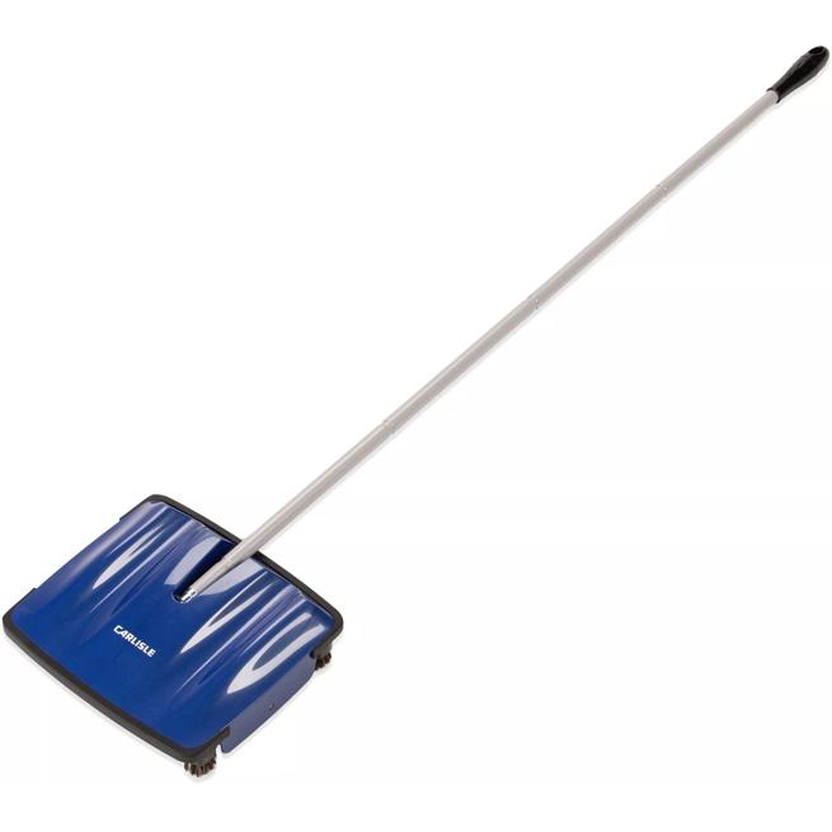 Carlisle Duo-Sweeper blue floor sweeper with full-length ergonomic steel handle, top view