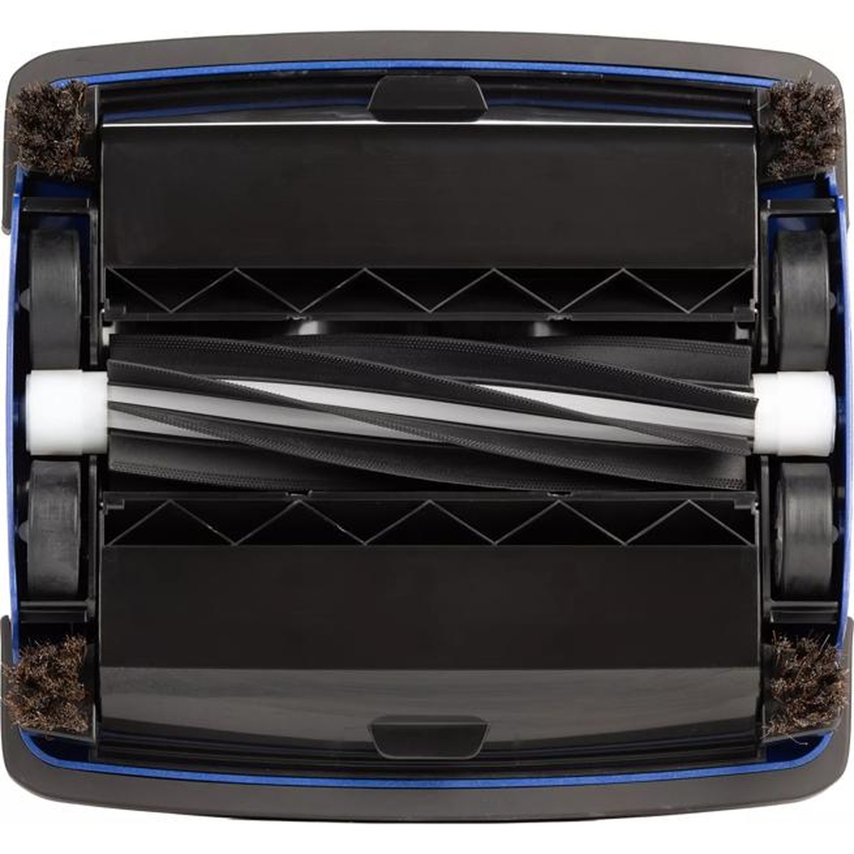Close-up underside view of Duo-Sweeper showing rubber roller blade mechanism, dual dust bins, and corner brushes