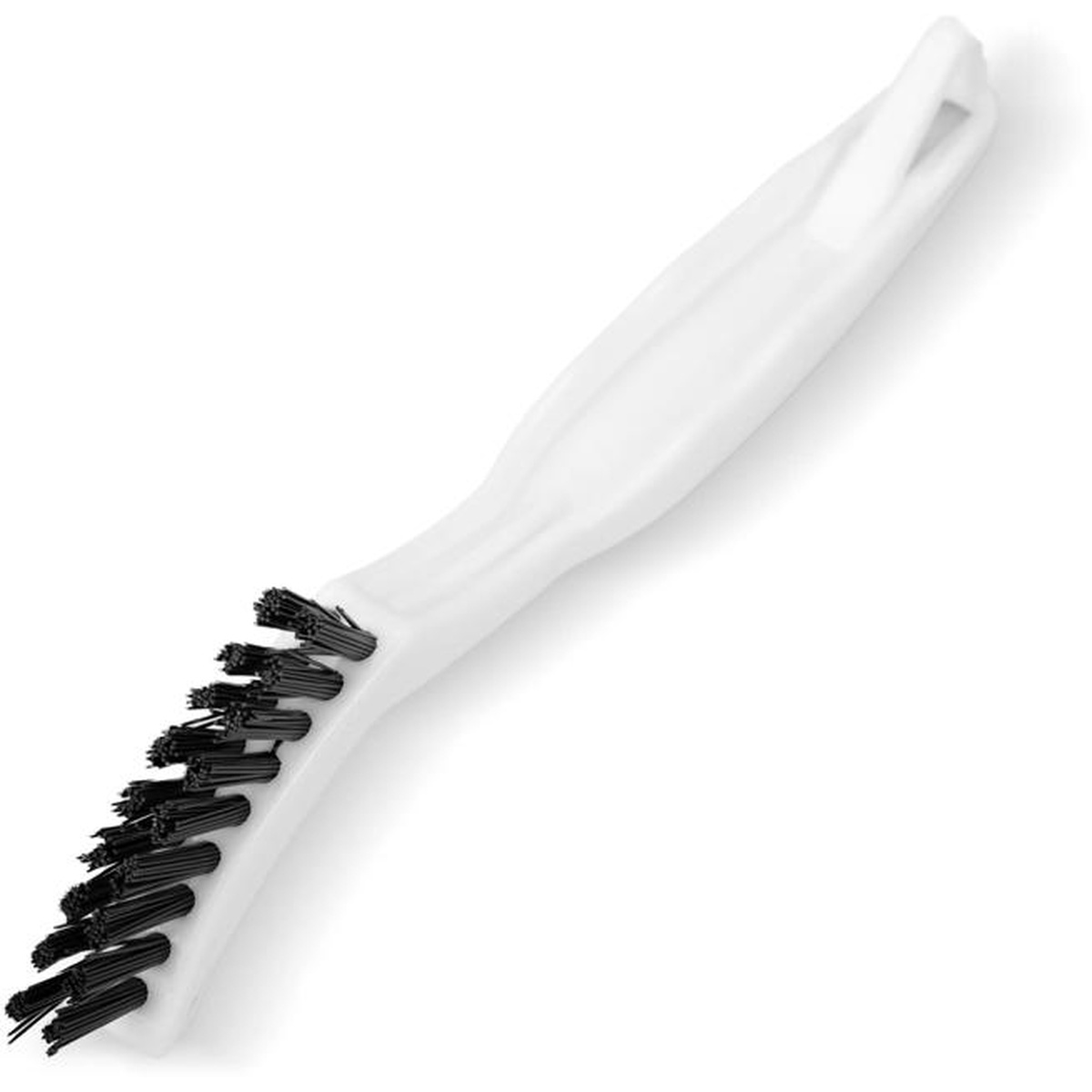 Full side view of Flo-Pac grout brush showing white plastic handle and black nylon bristles