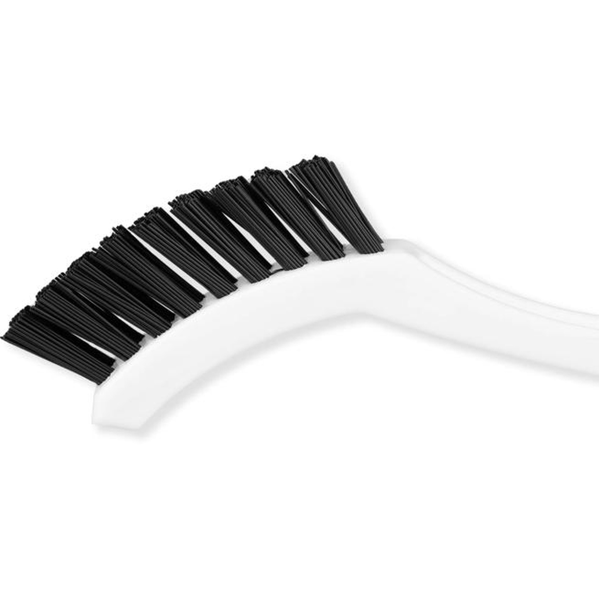 Close-up of stiff crimped black nylon bristles on the Flo-Pac grout brush white handle