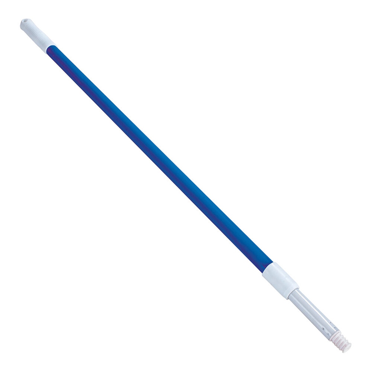 Carlisle 36545000 blue and white telescopic handle extended to show two-section design with threaded ACME end