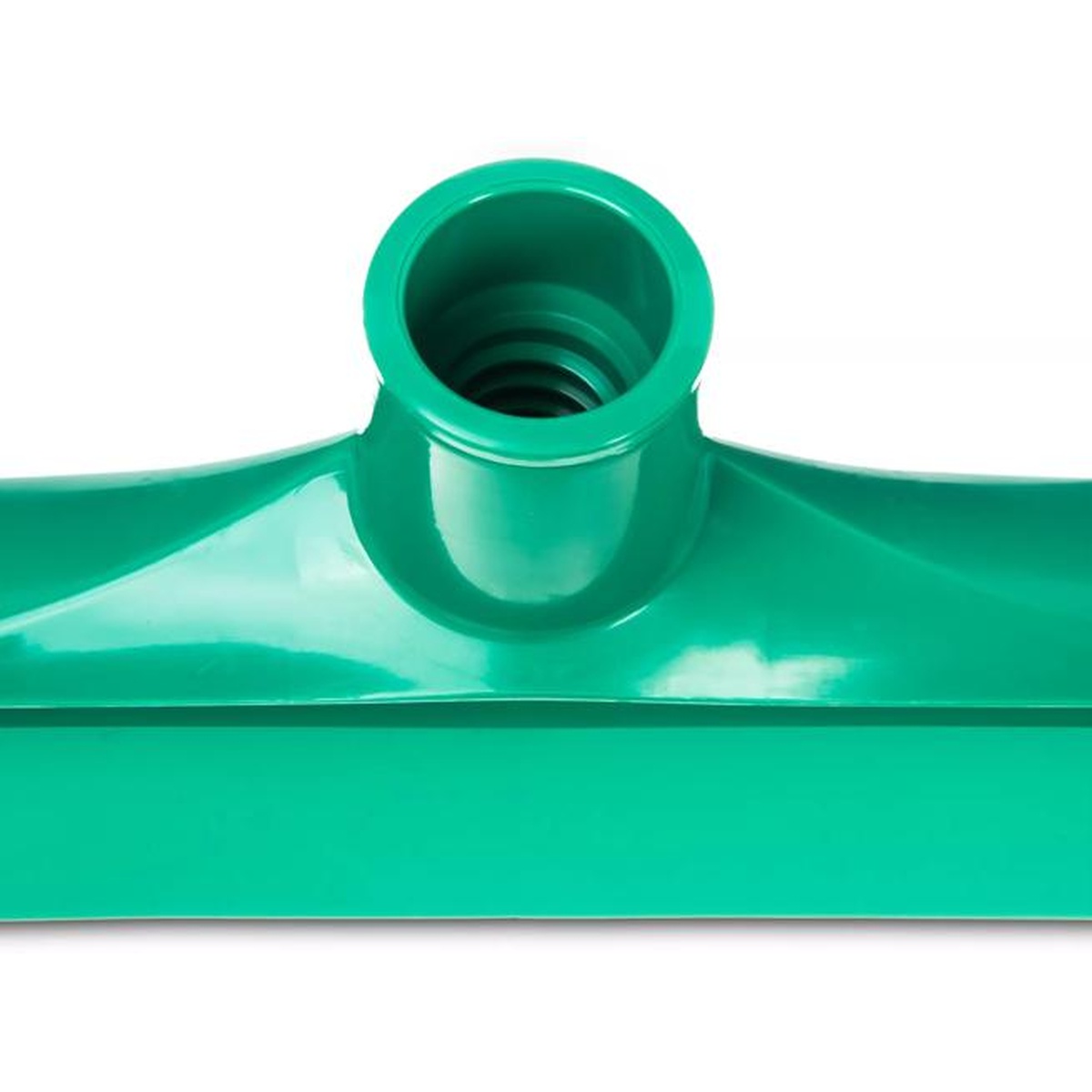 Close-up of green squeegee threaded handle socket and polypropylene frame top