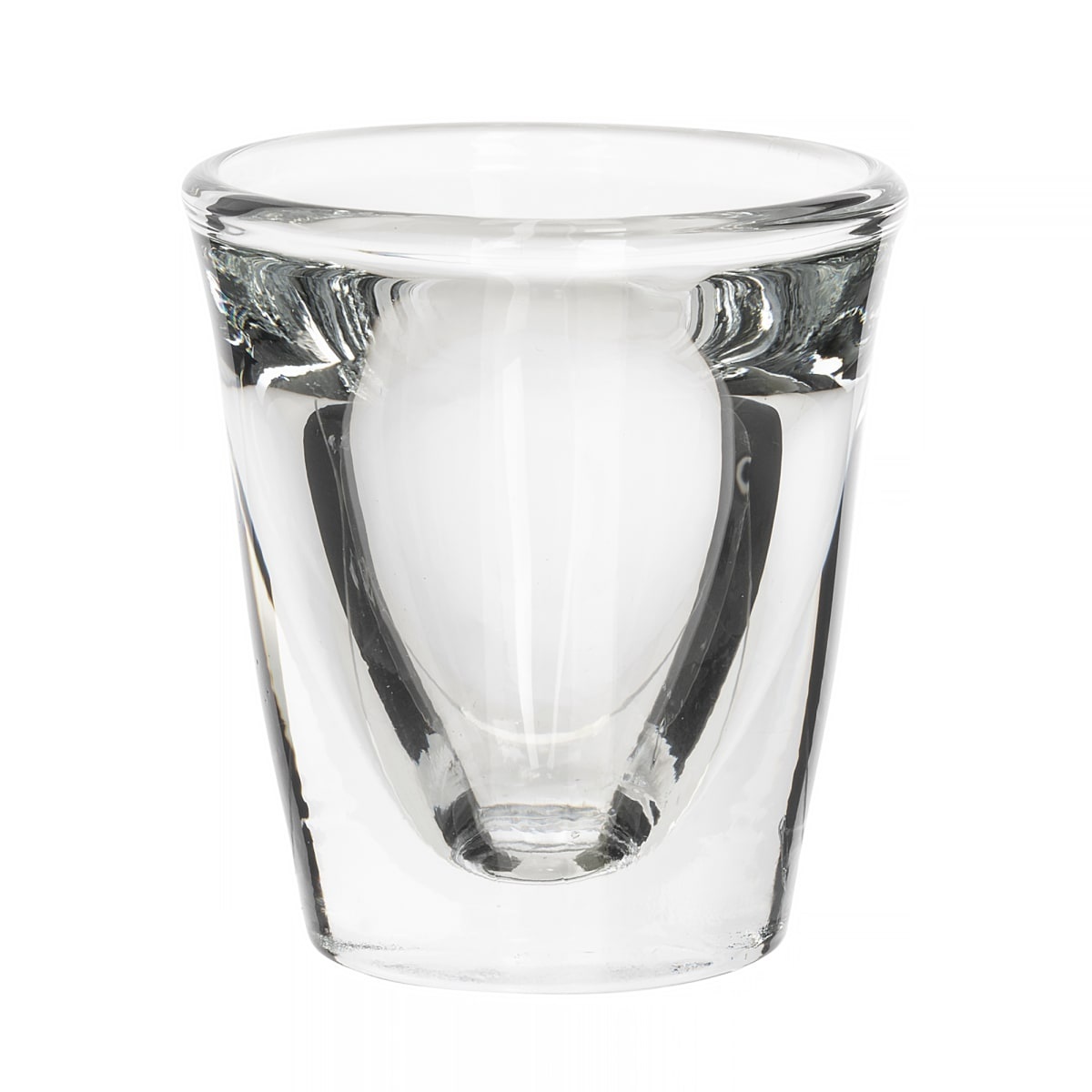 Anchor Hocking 3668U clear 1 oz whiskey shot glass on white background, side view showing thick rim and solid base
