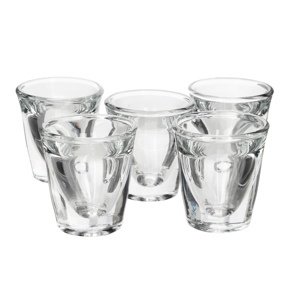 Group of five Anchor Hocking 3668U 1 oz whiskey shot glasses arranged together on white background