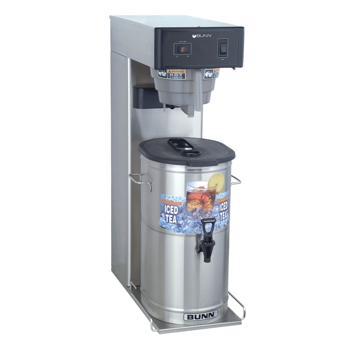 Bunn TB3 3-gallon automatic iced tea brewer with stainless steel body and SplashGard funnel, shown with a portable iced tea dispenser server