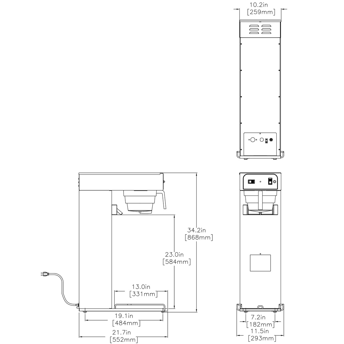 Bunn TB3 iced tea brewer CAD technical drawing showing dimensions: 34.2 inches height, 21.7 inches depth, 11.5 inches width