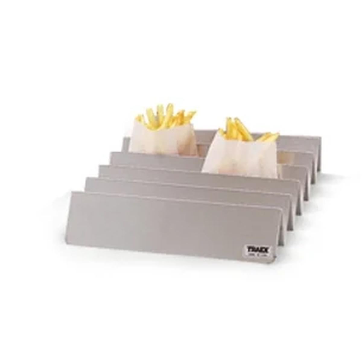 Vollrath 3681 stainless steel French fry rack with six compartments holding paper bags of French fries