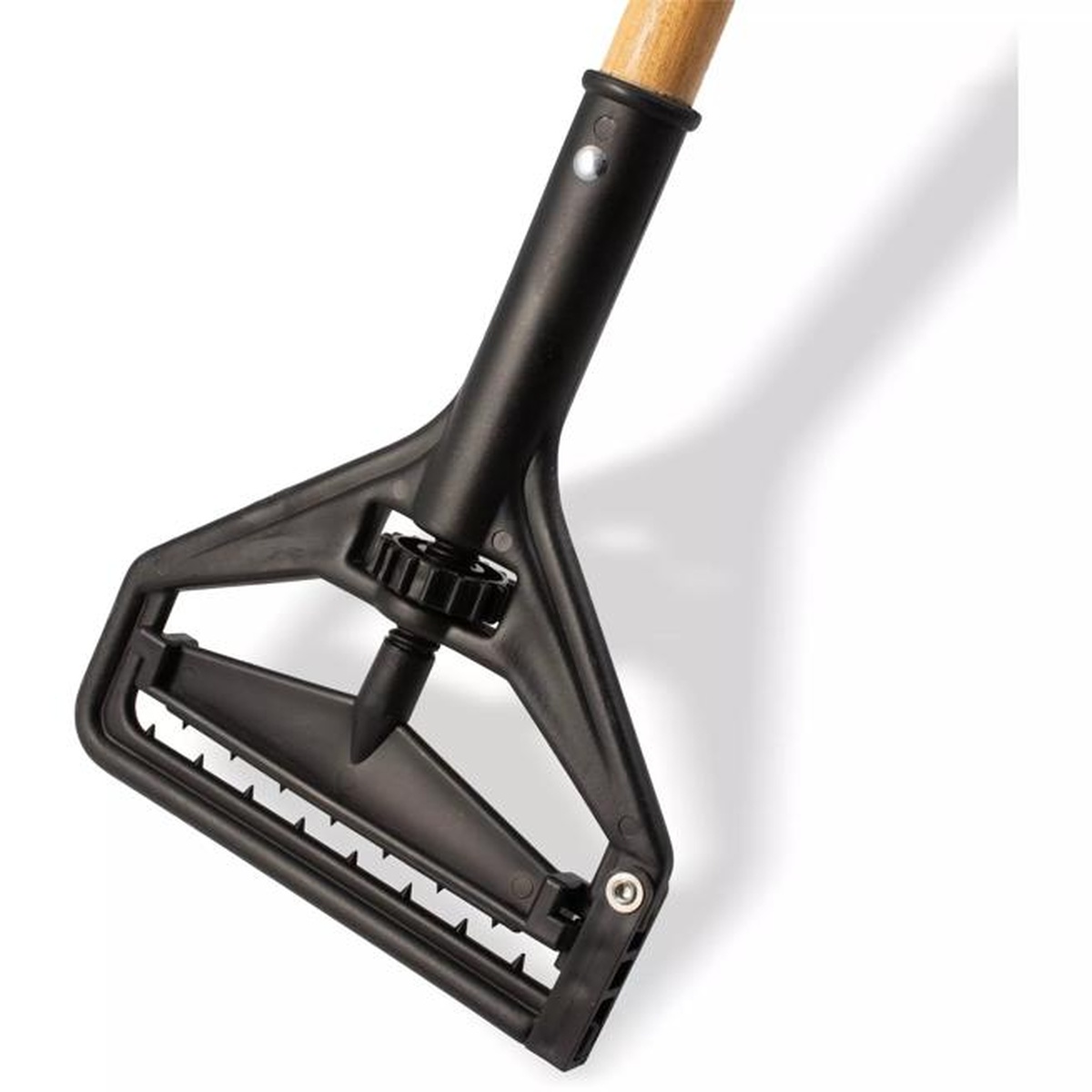 Close-up of the plastic quick-change mop head mechanism with wood handle connection