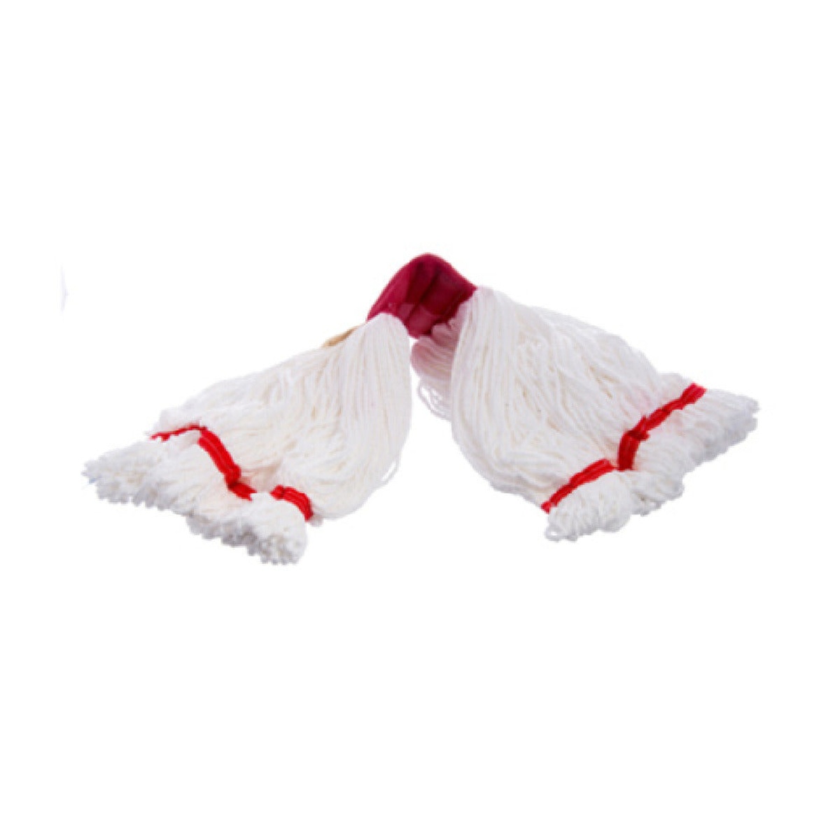 Carlisle 36942002 medium looped-end wet mop head spread open showing white microfiber yarn strands and red band