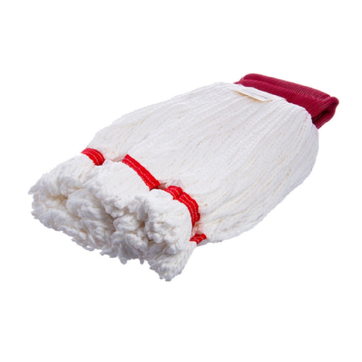Carlisle 36942002 medium looped-end white microfiber wet mop head bundled view with red vinyl band