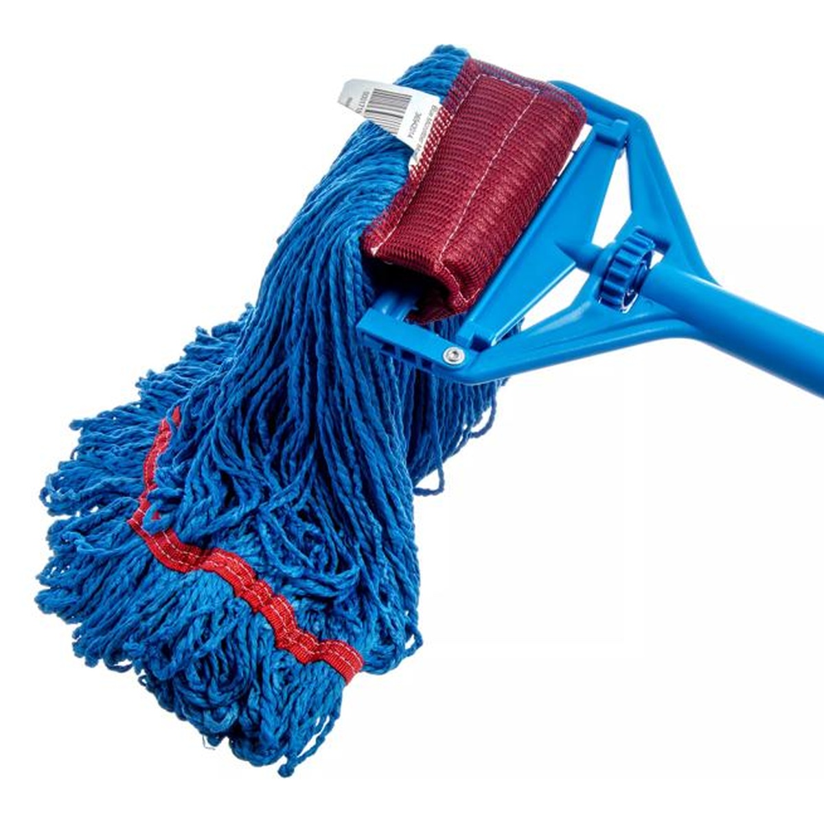 Blue loop end microfiber mop head attached to a blue jaw-style mop handle showing headband connection