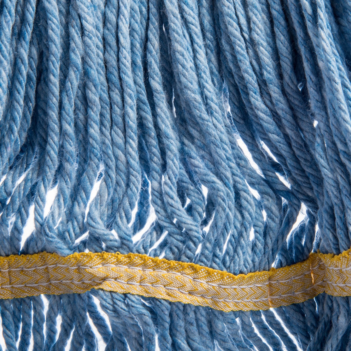 Close-up of blue 4-ply synthetic cotton yarn strands with yellow tie band detail