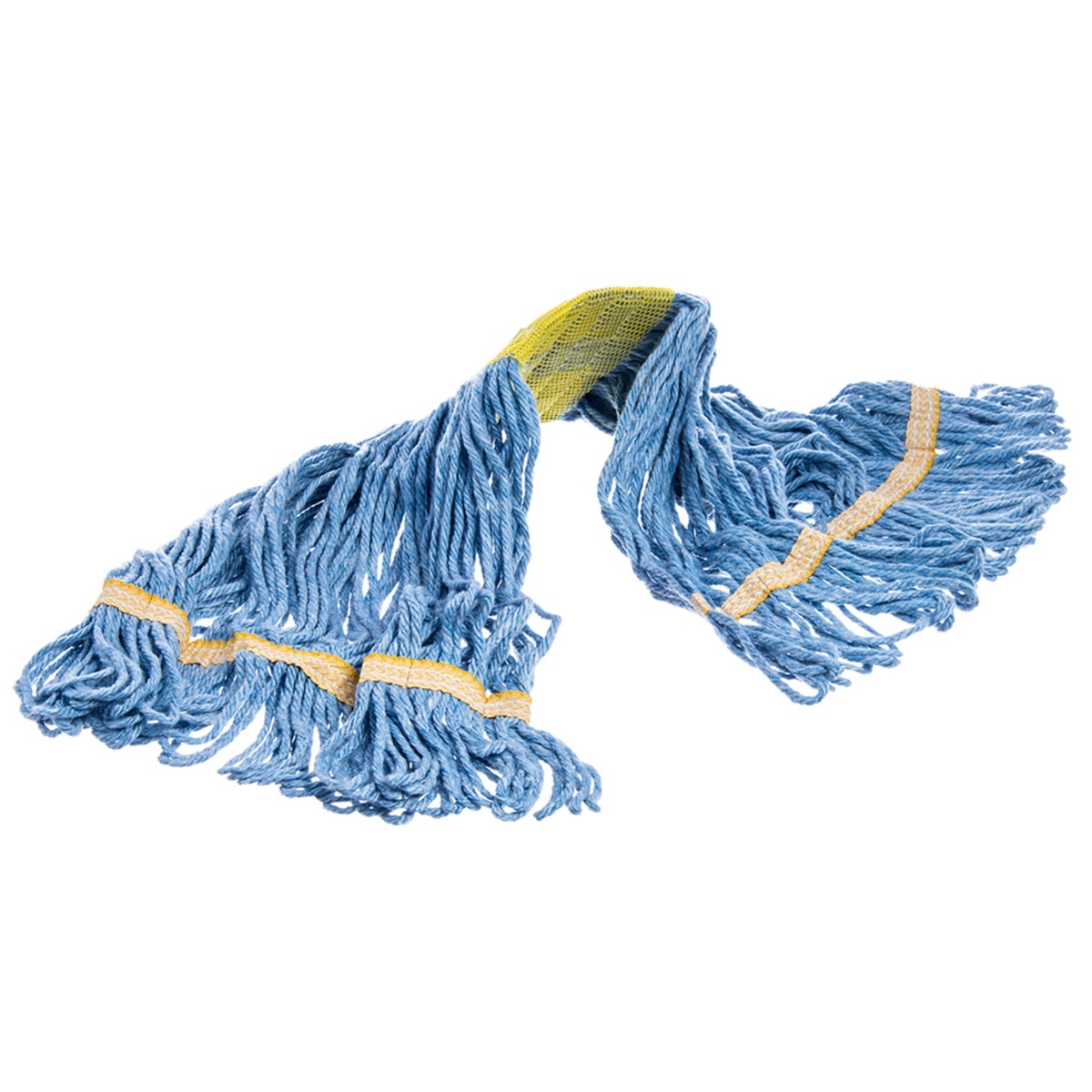 Blue looped-end mop head spread open showing full yarn coverage and yellow tie bands