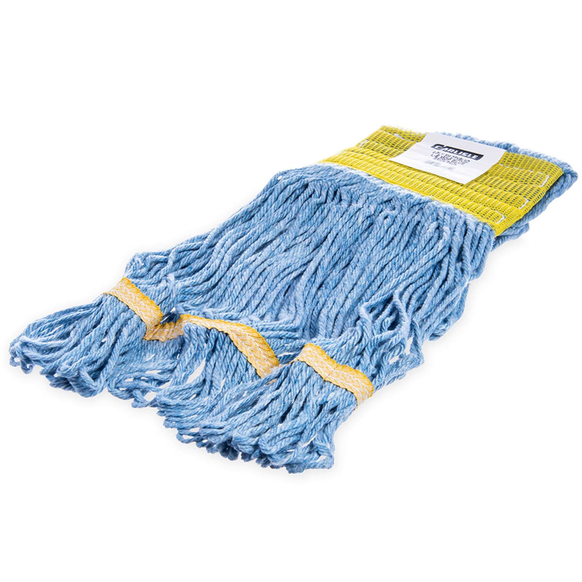 Flo-Pac small looped-end wet mop head in blue with yellow headband, laid flat