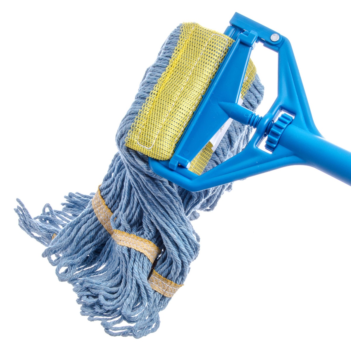 Blue looped-end mop head attached to a jaw-style mop handle, showing headband connection