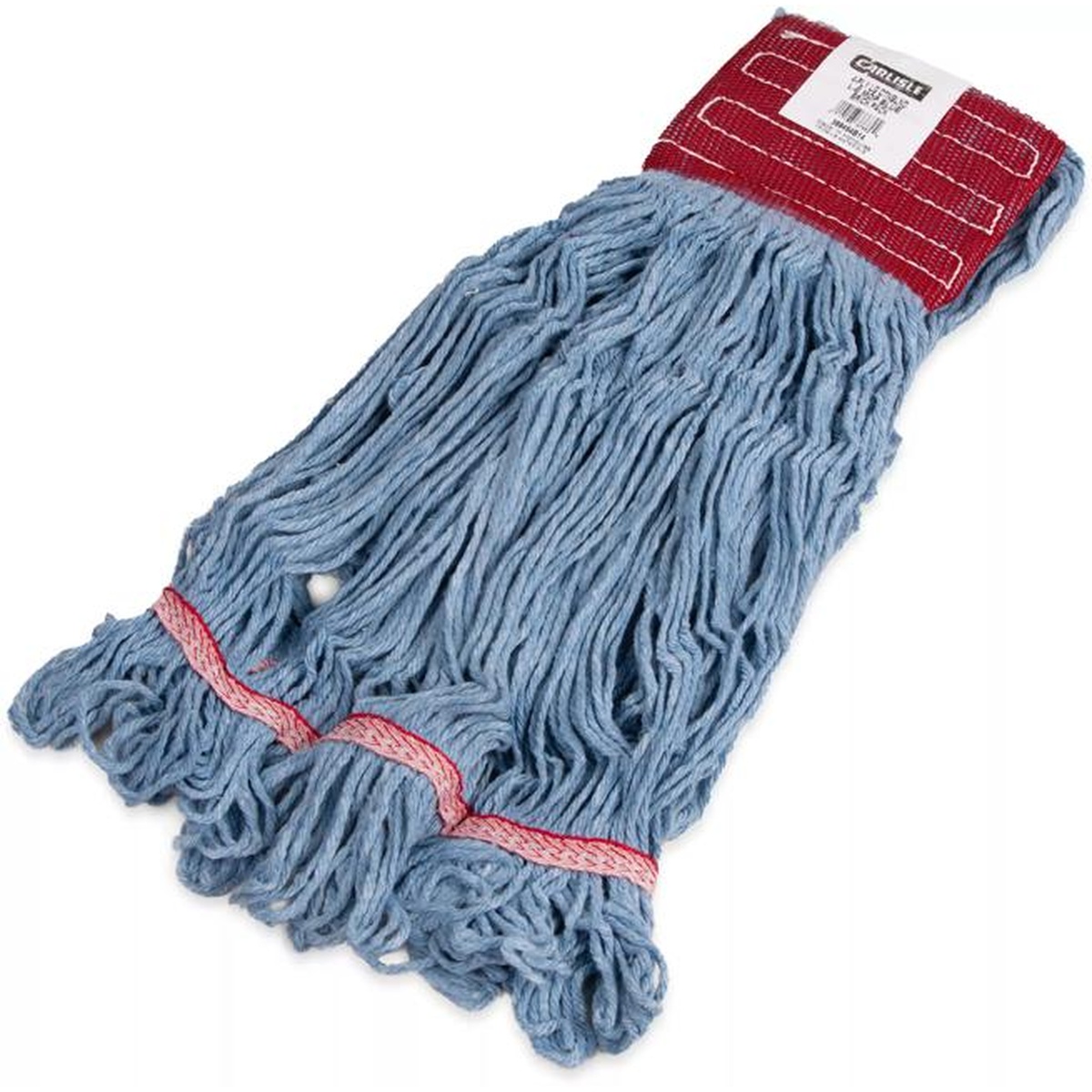 Blue Flo-Pac looped-end mop head showing red vinyl-coated band and product label